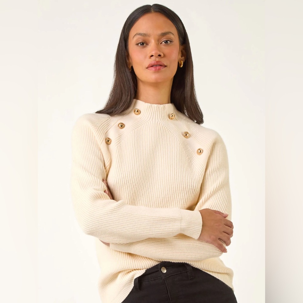 Elie Tahari ⚜️ Cream Mock Neck Sweater with Gold Button Accents